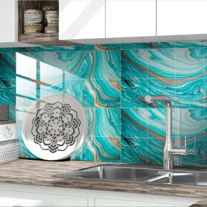 Green gold marble waterproof wall tile sticker for kitchen backsplash and home decor.