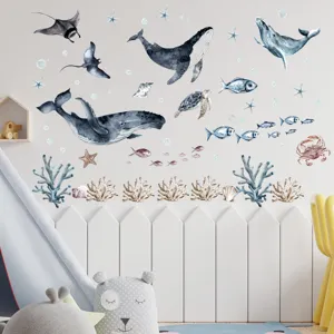 Watercolor ocean animal wall stickers detail, cute whale and marine life decor for kids room.