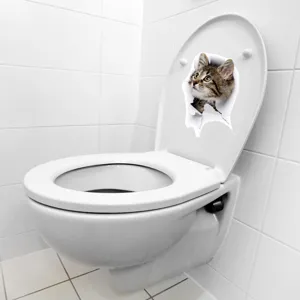 3D Cat Toilet Sticker Broken Wall Decal Cute Animal Waterproof PVC Bathroom Decor Art