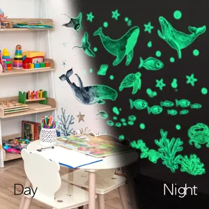Luminous marine animal wall stickers detail showing day and night glowing kids room decor effect