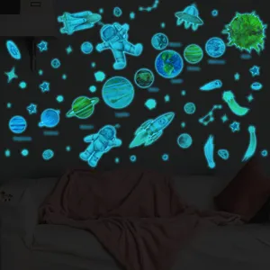 Glow in the dark space wall stickers astronaut planets luminous decals for kids room decor