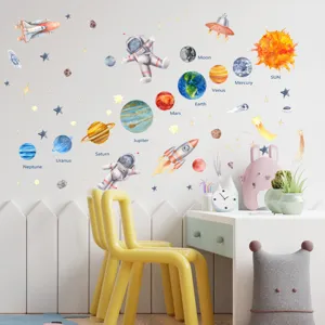 Luminous space wall stickers with astronauts and planets, perfect for kids room bedroom decor.