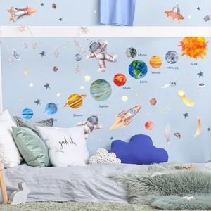 Detailed view of watercolor space wall stickers featuring planets and astronauts for kids room.