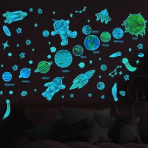 Glow in the dark space wall stickers for kids room, glowing planets and astronauts decor.