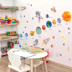 Watercolor space wall stickers for kids room, glowing astronaut planets decals for decor.