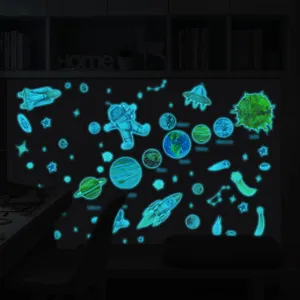 Glow in the dark space wall stickers featuring astronaut, planets and stars for kids room decor.