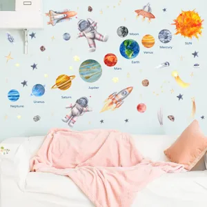 Luminous space wall stickers for kids room featuring watercolor planets and astronauts.