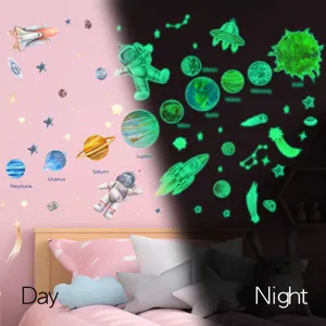 Glow in the dark space wall stickers for kids room, glowing planets and astronaut decals.