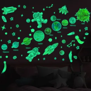 Glow in the dark space wall stickers for kids room, glowing planets and astronaut decals.