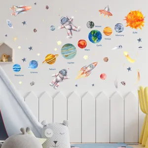 Watercolor space wall stickers detail showing cute astronauts, planets, rockets and stars.