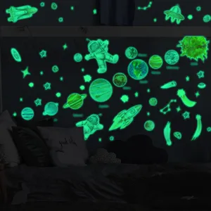 Glow in the dark space wall stickers for kids bedroom, luminous astronaut and planets decor.