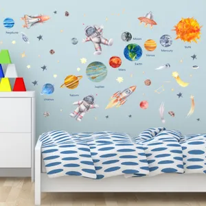 Watercolor space wall stickers glowing planets and astronauts for kids bedroom decor.