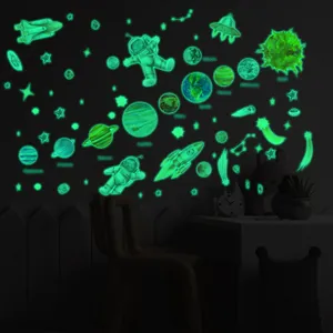 Glow in the dark space wall sticker detail showing glowing planets and astronaut stickers.