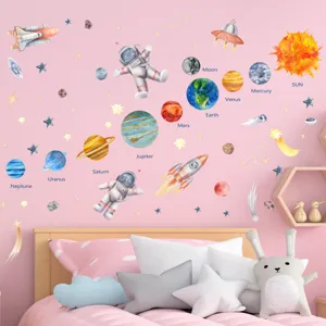 Detailed view of watercolor space wall stickers featuring planets and astronauts on pink kids wall.