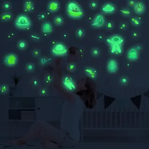 Autocollants muraux spatiaux phosphorescents pour chambre d'enfant, planètes et ovnis.