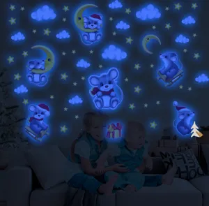 Stickers muraux lumineuses mignons souris étoiles et lune autocollants phosphorescents chambre.