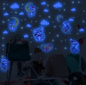 Autocollants muraux souris lumineuses vue détaillée, brillant en bleu dans la chambre.