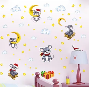 Adorables autocollants muraux de souris de dessin animé pour chambre d'enfant, étoiles et lune