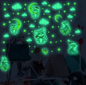 Stickers muraux souris phosphorescents pour chambre d'enfant, autocollants étoiles et lune.