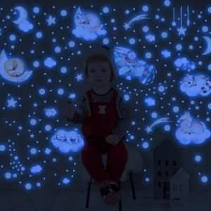 Stickers muraux luminescents pour chambre d'enfant, étoiles bleues et animaux mignons.