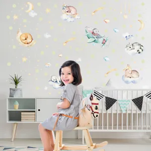 Autocollants muraux lumineux pour chambre d'enfant, animaux mignons étoiles lune déco.