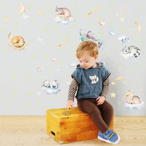 Stickers muraux lumineux animaux endormis lune étoiles jolie décoration chambre