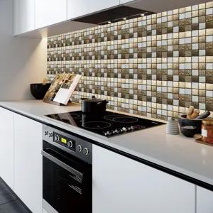 Vue détaillée d'autocollants de carrelage mosaïque 3D dans une cuisine moderne, déco murale.