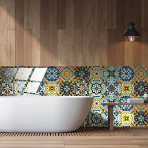 Vista dettagliata di adesivi per piastrelle marocchine colorate in un bagno moderno.