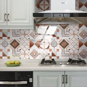 Detail view of modern crystal tile sticker, waterproof geometric marble wall sticker for kitchen.