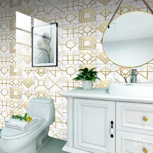 Gold geometric marble tile stickers detail view showcasing modern bathroom wall decor aesthetic.