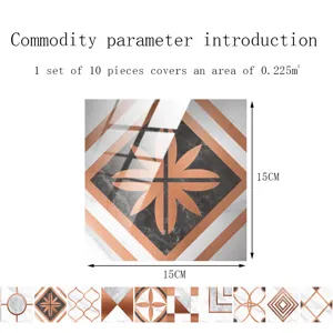 Detail view of 15x15cm crystal tile sticker with rose gold floral pattern and marble texture.