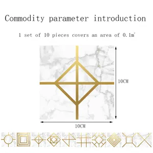 Crystal tile sticker detail and parameter introduction showing marble gold geometric patterns.