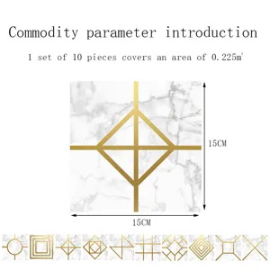 Crystal marble tile sticker detail view showing 15x15cm size and 10 pieces parameter layout.