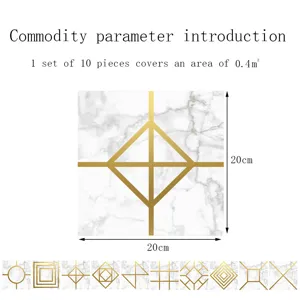 Marble pattern tile stickers with gold geometric lines, waterproof wall stickers, 20x20cm 10pcs