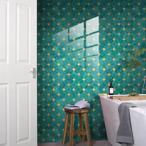 Wasserdichter blau-goldener Fliesenaufkleber, stilvolle Wand- und Bodendekoration fürs Badezimmer.