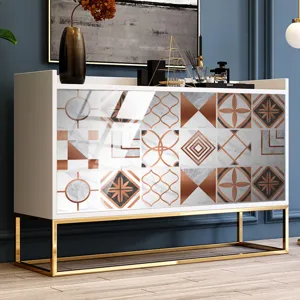 Detailed view of modern geometric marble tile stickers applied on cabinet doors for home decor.