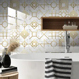 Waterproof marble gold geometric tile stickers for modern bathroom wall and floor decor.