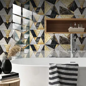 Detail view of crystal tile stickers featuring modern geometric marble pattern for wall decor.