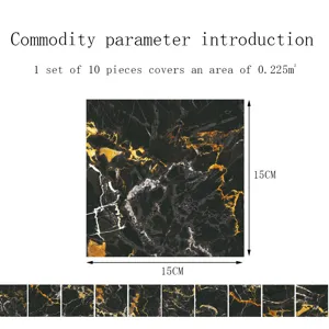 Black gold marble crystal tile stickers, 15x15cm size, 10 pcs set covers 0.225 square meters.