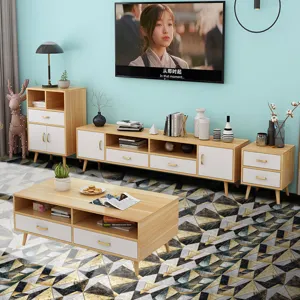 Living room scene display featuring wooden TV cabinet set, coffee table with storage and drawers.