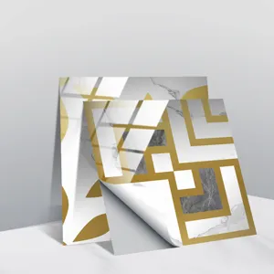 Detail view of crystal porcelain tile sticker featuring marble and gold geometric pattern.