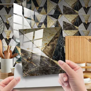 Crystal tile sticker detail, geometric marble pattern, kitchen wall decor close-up view