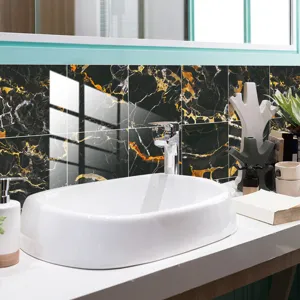 Detail view of black and gold marble tile sticker, glossy waterproof wall decor for bathroom.