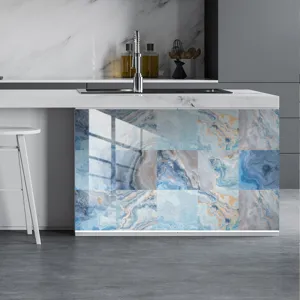 Moderne blaue Marmor Kristall Fliesen Aufkleber wasserdichte Wandfolie für Küchenschrank