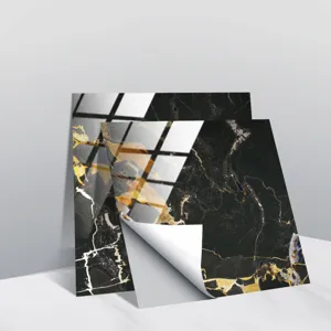 Black and gold marble tile sticker detail view, waterproof self-adhesive wall decor decal.