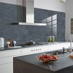 Detailed scene of dark blue marble texture kitchen tile stickers with glossy crystal finish.