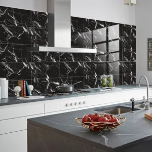 Black marble kitchen tile stickers with glossy crystal texture for modern wall decor.