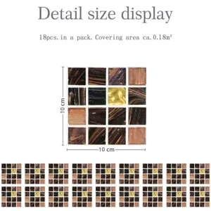 Detailed size view of self-adhesive mosaic tile stickers, matte finish, 18 pieces per pack.