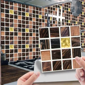 Self-adhesive mosaic tile sticker detail with frosted finish for kitchen wall decor.