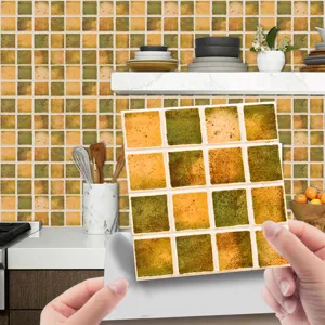 Self-adhesive mosaic tile sticker detail, green and yellow kitchen wall decoration film.
